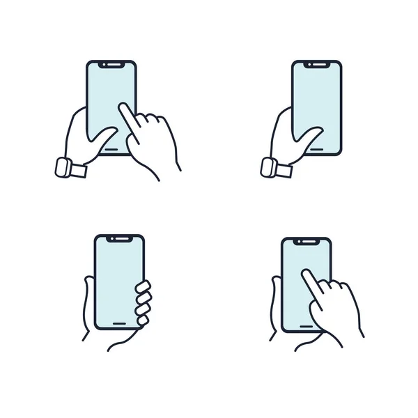 Χέρια που κρατούν το smartphone. Επίπεδη γραμμή εικονίδιο. Μπλε εικονίδιο που. — Διανυσματικό Αρχείο