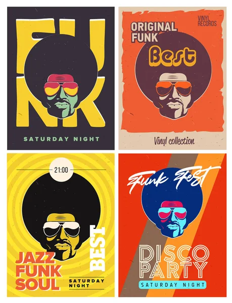 Disco feest evenement folders ingesteld. Collectie van de creatieve vintage posters. Retro stijlsjabloon. Zwarte man in zonnebril. — Stockfoto