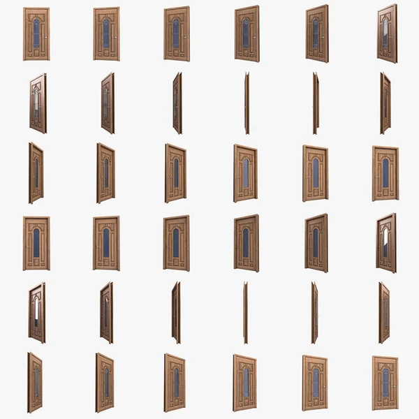 Puerta de madera con inserto de vidrio y barras de hierro.3d — Foto de Stock