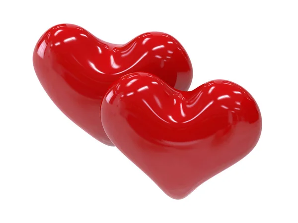 Dvě červené lesklé srdce izolovaných na bílém pozadí — Stock fotografie