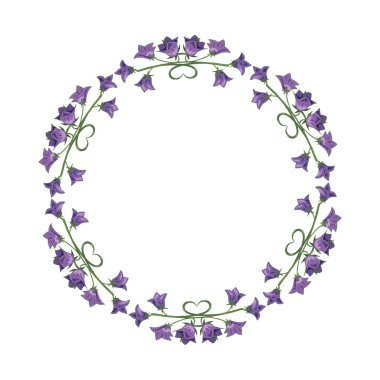 Vahşi mavi çiçekli güzel bir çelenk. İlkbahar çanları. Romantik bir kartpostalın şablonu. Üzerinde yazılar, yazılar, harfler var. Güzel yuvarlak çerçeveli kalpler ve çiçekler.