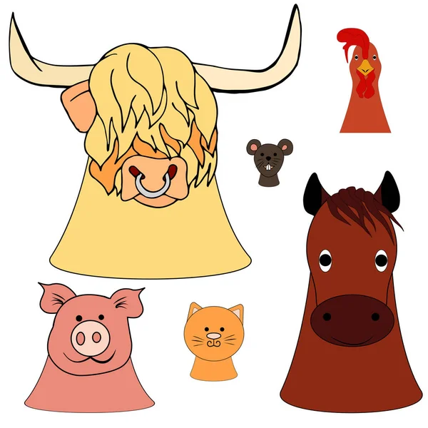 Teste Bestiame Stile Doodle Sfondo Bianco Set Elementi Animali Personaggi — Foto Stock