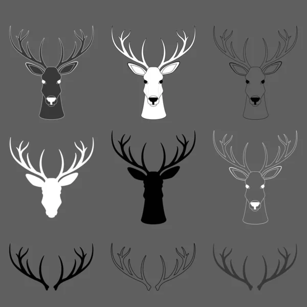 Set with silhouettes of a deer head with horns on a gray background. Mask of a deer. Chess piece in the form of a deer head. Linear graphics. Blank for label, logo or icon.