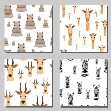 Set of seamless textures with zebra, antelope, giraffe and hippo heads in random order. Collection of african animalistic patterns. Children's cartoon characters on fabric, wallpaper or packaging. clipart