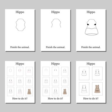 Boyama için sayfalar. Su aygırı ve adım adım çizim. Çocukların eğitimi için farklı seçenekler.