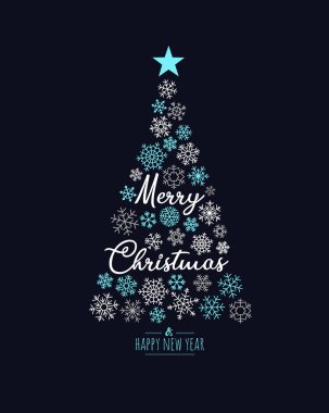 Tebrik kartı. Mutlu Noeller. Yılbaşı ağacı elementleri kar tanesi ile vektör illüstrasyonu.