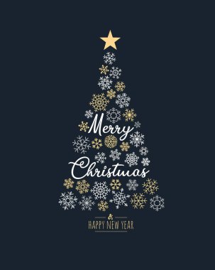 Tebrik kartı. Mutlu Noeller. Yılbaşı ağacı elementleri kar tanesi olan vektör çizimi. Lacivert, beyaz ve altın renkleri.