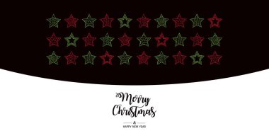  Modern tebrik kartı Mutlu Noeller yatay. Noel elementleri yıldızlı vektör illüstrasyonu. Kırmızı, yeşil, beyaz ve siyah renklerde.