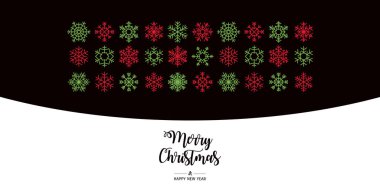 Modern tebrik kartı Mutlu Noeller yatay. Noel elementleri kar taneleriyle vektör çizimi. Kırmızı, yeşil, beyaz ve siyah renklerde.