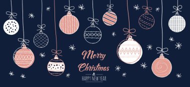 El yapımı Noel mücevherleri seti. Dekorasyon modern elementleri izole etti. Tebrik kartı rengi gül sarısı, beyaz ve arka plan mavisi. Vektör illüstrasyonunu karalar ve çizer.