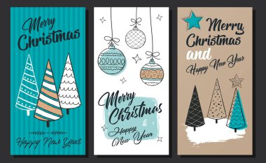 Merry Christmas greeting card set with modern stars, baubles and Christmas trees. Vector illustration. clipart