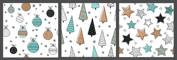 Yıldızlı, mücevherli ve ağaçlı şirin bir Noel deseni. El çizimi vektör çizimi. Kağıtları paketliyorum. Soyut elementlere sahip arkaplan.