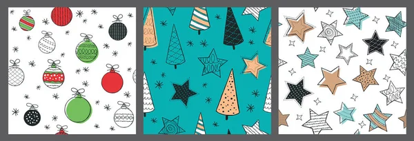 Yıldızlı, mücevherli ve ağaçlı şirin bir Noel deseni. El çizimi vektör çizimi. Kağıtları paketliyorum. Soyut elementlere sahip arkaplan.