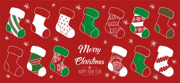 Merry Christmas Greeting Card Red Green Modern Sock Vector Illustration — Stock Vector