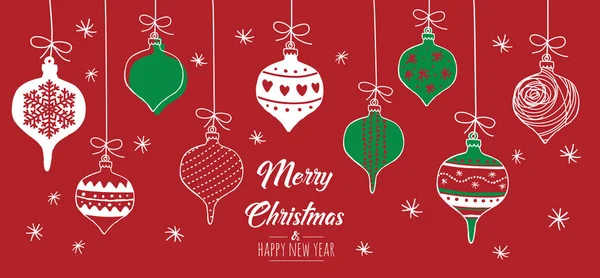 Buon Natale Biglietto Auguri Rosso Verde Con Bagattelle Moderne Illustrazione — Vettoriale Stock