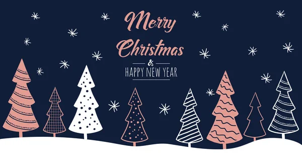 Modern tebrik kartı Mutlu Noeller. Noel ağaçlarıyla vektör illüstrasyonu. Bakır rengi pembe, beyaz ve lacivert.
