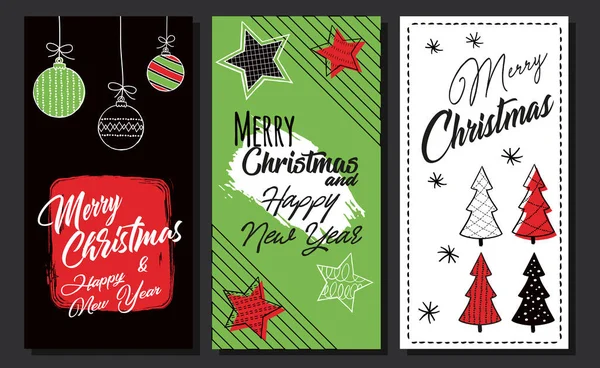 Feliz Natal Cartão Conjunto Com Estrelas Modernas Bugigangas Árvores Natal — Vetor de Stock