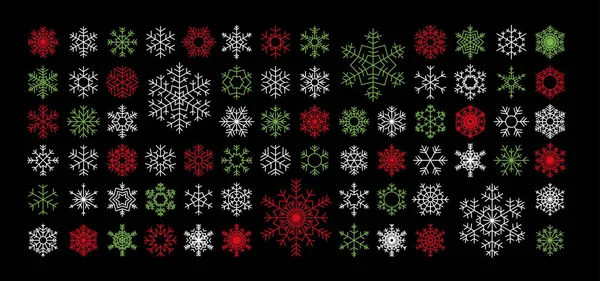 Set Iconen Van Witte Rode Groene Sneeuwvlokken Zwarte Achtergronden Vectorillustratie — Stockvector