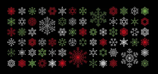 Set Aus Weißen Roten Und Grünen Schneeflocken Auf Schwarzem Hintergrund — Stockvektor