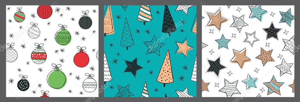 Cute Christmas seamless pattern with stars, baubles and tree. Hand Drawn vector illustration. Wrapping paper pattern. Background with abstract elements.