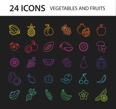 Siyah arka planda renkli meyve ve sebzeler. Vektör satırı simgesi