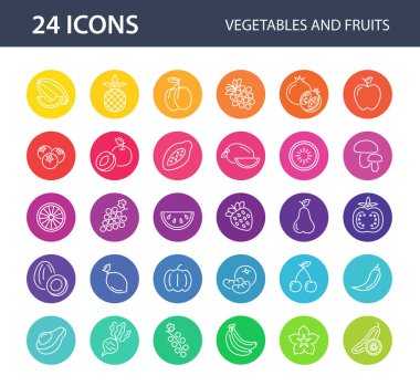 Beyaz arka planda renkli meyve ve sebzeler. Vektör simgesi