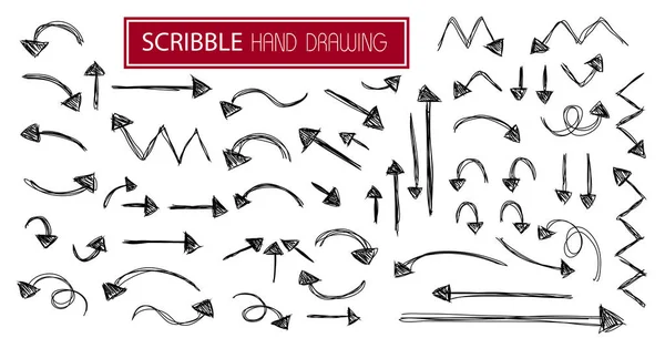 Elle çizilmiş büyük siyah karalama okları simgeleri. Doodle ok çizim işareti ve el çizimi. Beyaz arkaplanda vektör illüstrasyonu