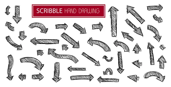 Elle çizilmiş büyük siyah karalama okları simgeleri. Doodle ok çizim işareti ve el çizimi. Beyaz arkaplanda vektör illüstrasyonu