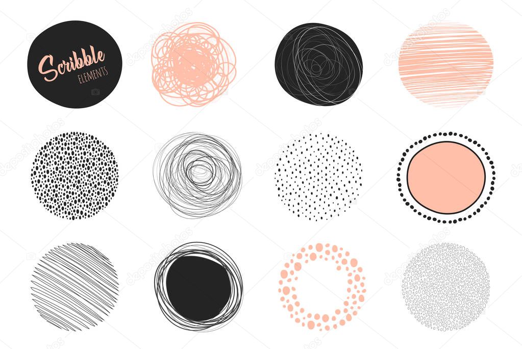 Set of hand drawn circles using sketch drawing scribble lines. Freehand drawing. Doodle circular elements. Vector illustration.