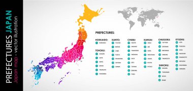 Japonya 'nın vektör haritası ve 47 il Rengi