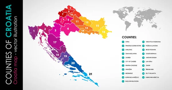 Mapa Vetorial Croácia Condados Arco Íris Color — Vetor de Stock