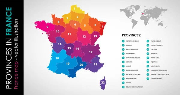 Vector Kaart Van Frankrijk Provincies Kleur — Stockvector