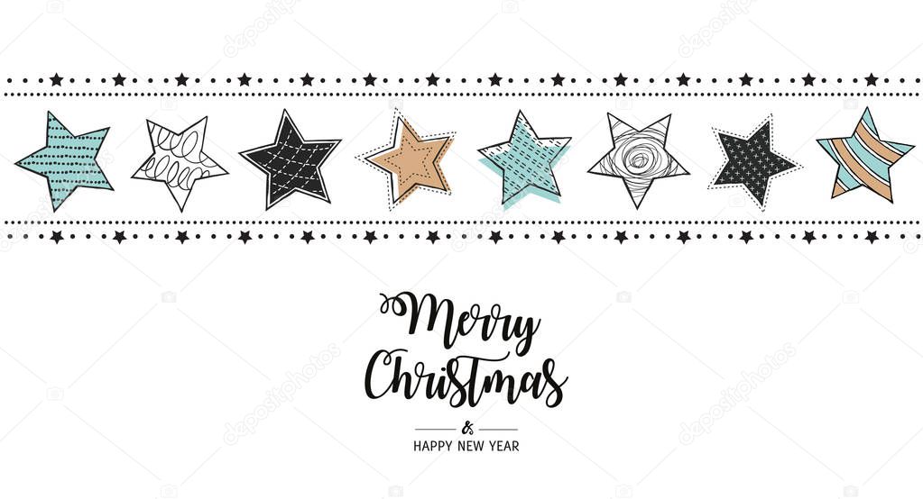 Modern greeting card Merry Christmas white background. Vector illustration with Christmas stars.