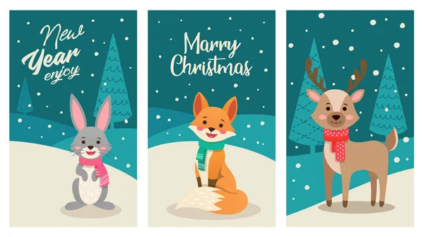 Καλά Χριστούγεννα Και Καλή Χρονιά Εικονογράφηση Διάνυσμα Των Χαριτωμένα Ζώα — Διανυσματικό Αρχείο