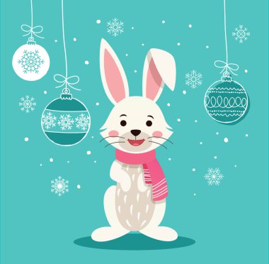 Mavi arka planda kartondan tavşan ve kar taneleri olan bir Noel vekil kartı..