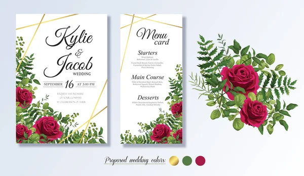 Düğün davetiyesi, menü kartı. Yeşil ve altın suluboya yapraklı çiçek tasarımı, kırmızı gül desenli çerçeve baskısı. Seçkin, şirin kırsal selamlama, davet, kartpostal