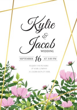  Düğün davetiyesi kartı. Çiçek desenli pembe yabani çiçekler ve yeşil suluboya eğreltiotu yaprakları, yeşillik yeşili dekoratif altın kurdele desenli. Seçkin, şirin kırsal selamlama, davet, kartpostal