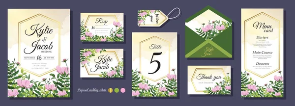 Set Wedding Invitation Menu Rsvp Label Table Number Envelope Design — Stock Vector