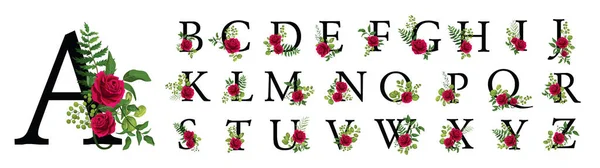 收集浪漫的黑色信件与绘制水彩画的叶子和红玫瑰 精巧的字母 用于书籍设计 品牌名称 婚宴邀请卡 白色背景 — 图库矢量图片
