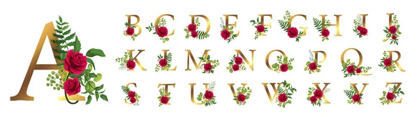 Collection Romantic Gold Letters Drawn Watercolor Leaves Red Rose Elegant — 스톡 벡터