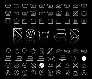 Çamaşır simgeleri ayarlandı. Siyah arkaplanda izole edilmiş beyaz çamaşır sembolleri vektör simgeleri dizisi 