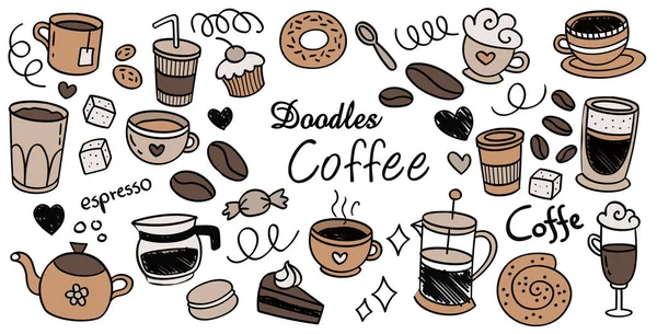 Kahve, tatlı, el yapımı koleksiyon. Menü tasarımı için çizim grafik ögelerini ayarla. Klasik vektör çizimi. Kahve fincanları, fasulyeler ve kahve makineleri çizimleri.