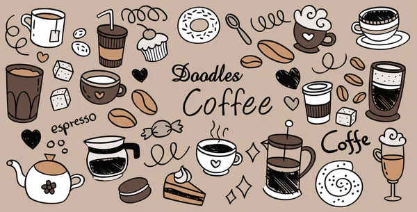 咖啡饮料和甜点是手工制作的 为菜单设计设置草图图形元素 古埃及矢量图解 咖啡杯 咖啡豆和咖啡制造商的例子 — 图库矢量图片