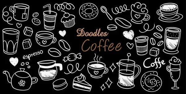Bebida Café Sobremesas Coleção Desenhada Mão Definir Elementos Gráficos Esboço — Vetor de Stock