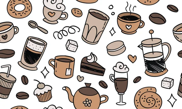 Hermoso Patrón Sin Costuras Cofe Café Natural Postres Pasteles Taza — Vector de stock