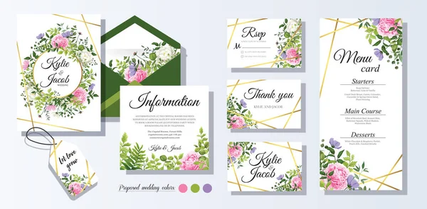 Suluboya düğün şablonunu çiçek, yaprak, altın ve çizgi dekorasyonu çiçek davetiye kartı, menü, teşekkürler yabani çiçekler, şakayık ve gül çiçekleri ile ayarlayın. Güzel yeşil bitkiler