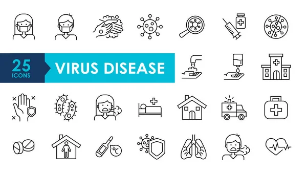 Bilgi ya da web sitesi için Coronavirus satırı simgesi ayarlandı. Virüs gibi ikonlar, ncov-2019, bulaşıcı, bulaşıcı, enfeksiyon, cerrahi maske, el yıkama, zatürree, ambulans, hastane, aşı.