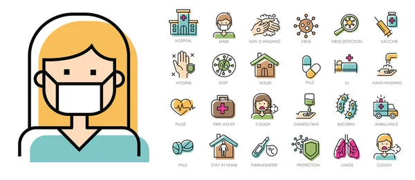 Coronavirus çizgisi simgesi hazır. Çok renkli çizgi film. Virüs gibi ikonlar, ncov-2019, bulaşıcı, bulaşıcı, enfeksiyon, cerrahi maske, el yıkama, zatürree, ambulans, hastane, aşı ve daha fazlası..