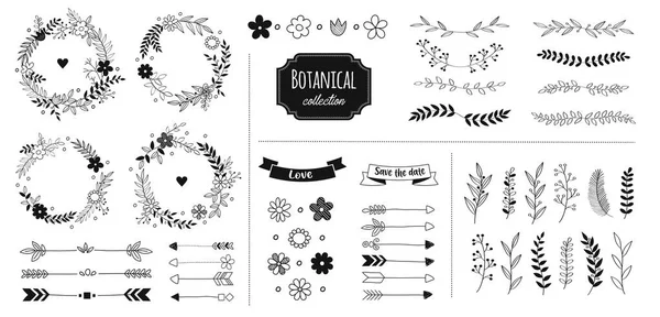 Rustikální Květinové Designové Prvky Ručně Kreslené Kompozice Dekorativními Květinami Bylinkami — Stockový vektor