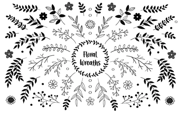 El çizimi vektör çiçek elementleri. Dallar ve yapraklar. Bitki ve bitki koleksiyonu. Klasik botanik çizimler ve çiçekli çelenkler..
